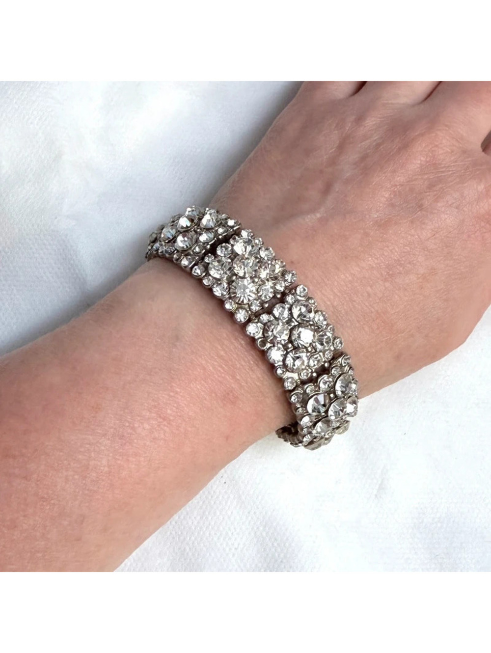 Noir Style Silver Tone Clear Rhinestone 925 Hardware Wide Statement Bracelet